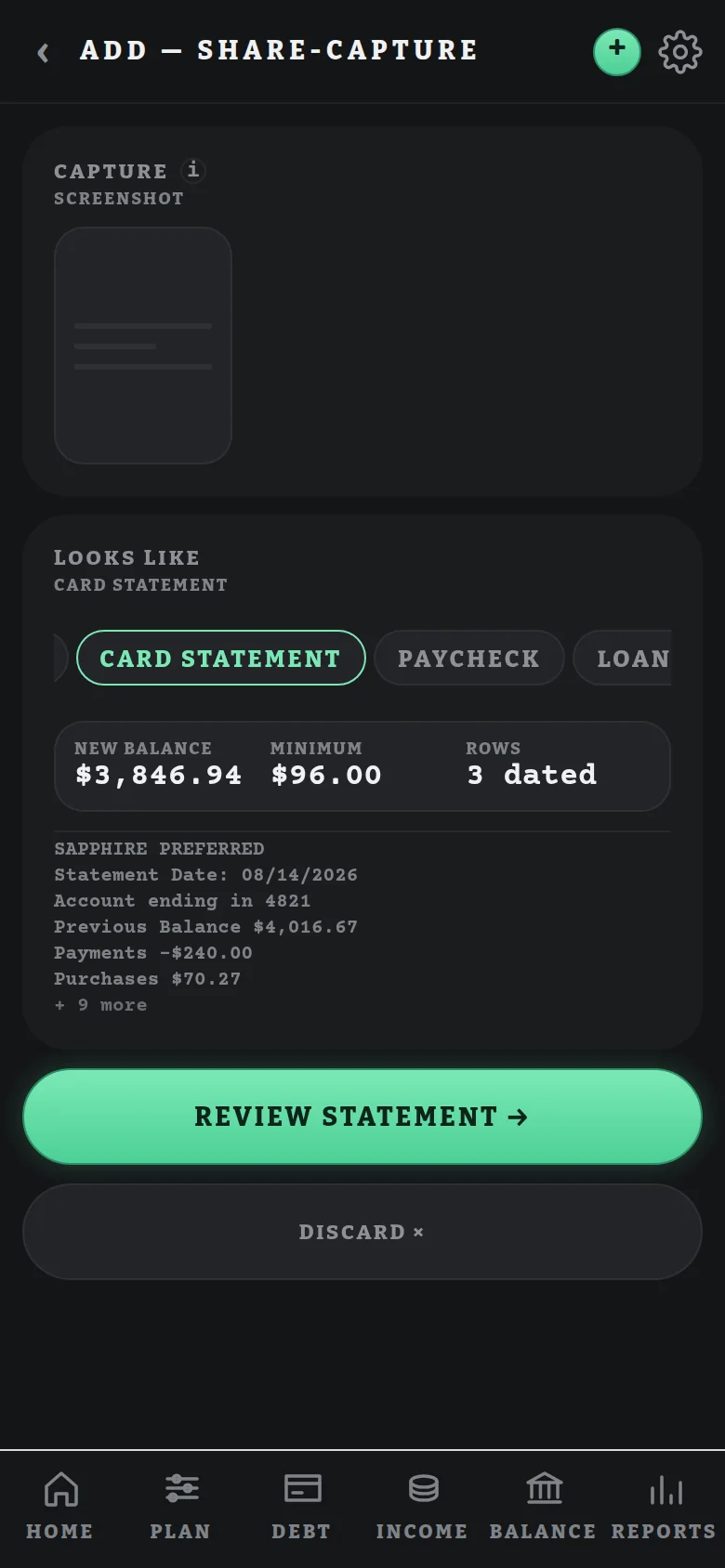 Share-capture screen recognising a card statement screenshot