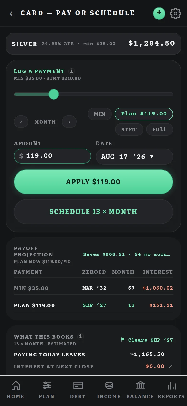 Pay or schedule: payment slider with payoff projection
