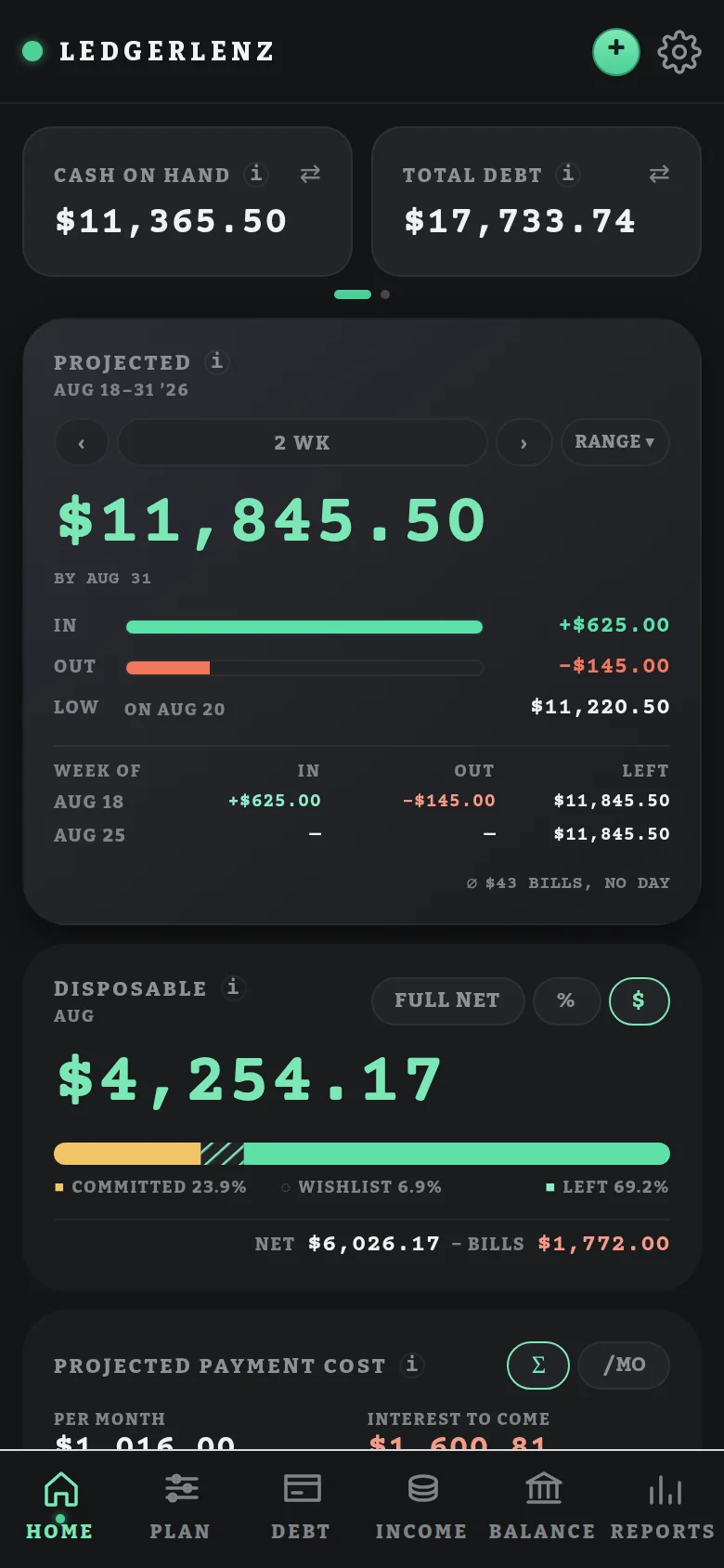 Home: cash on hand, total debt and projected cash