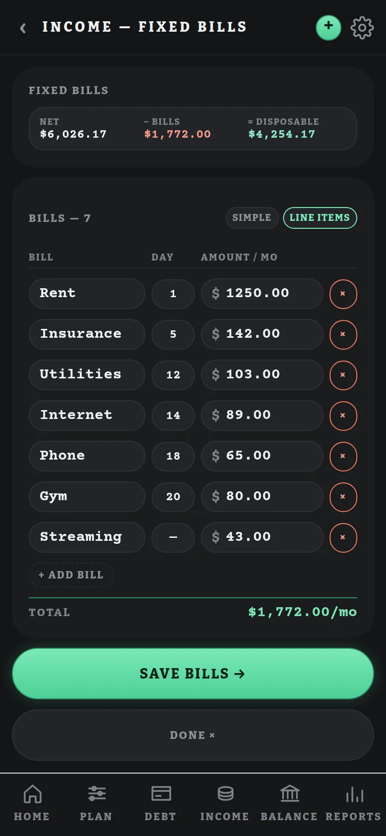 Fixed bills list with monthly total