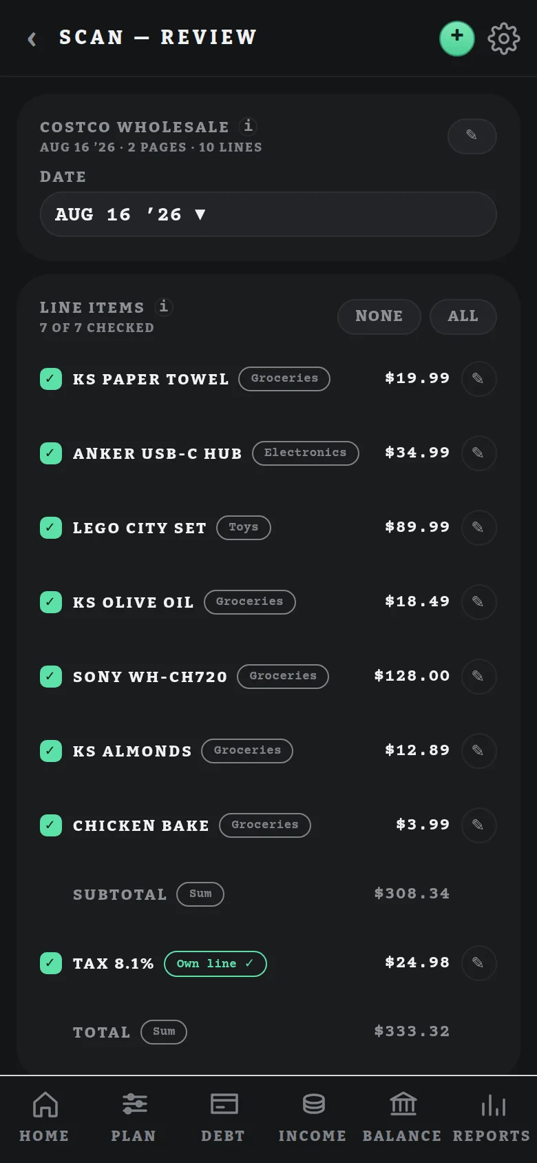 Scan review screen listing receipt line items with categories and prices