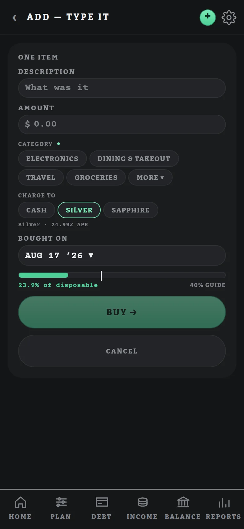 Type it screen with description, amount, category and card fields